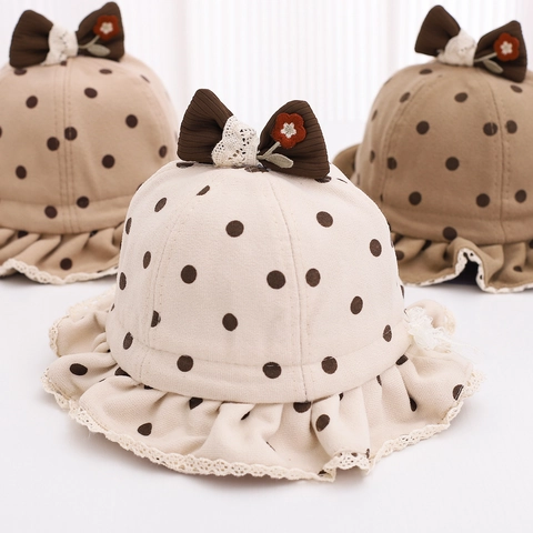 Cappello Da Pescatore Neonata Cotone Pois Fiocco Pizzo Bordo Arricciato Cappello Da Sole Con Cinturino Regolabile Stile Principessa Autunno