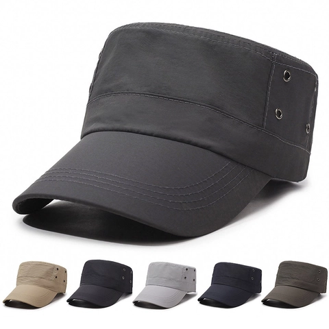 Cadet Cap Sneldrogend Polyester Katoen Ademend Metalen Oogjes Platte Militaire Hoed Zonnescherm Voor Heren Dames