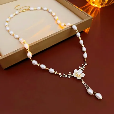 Künstliche Perlenkette Blumen Anhänger Gold Plattiert Kupfer Zirkon Quaste Schlüsselbein Kette Französisch Vintage Elegant Damen Schmuck