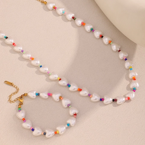 Collana Bracciale Künstliche Perle Colorate Cuore Vintage Acciaio Inossidabile Placcato Oro Stile Dopamina Y2K