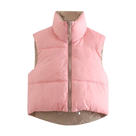 Women Stand Collar Reversible Padded Vest Sleeveless Quilted Jacket Full Zip Waistcoat With Adjustable Drawstring Hem Outerwear