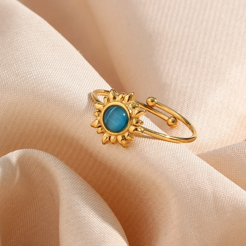 Anillo Ajustable De Girasol Vintage De Acero Inoxidable Con Piedra Ojo De Gato Y Ágata Joyería Bohemia Para Mujer