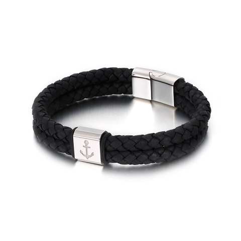 Bracciale Da Uomo In Pelle Intrecciata A Doppio Strato Con Ancora In Acciaio Inossidabile Chiusura Magnetica Stile Nautico