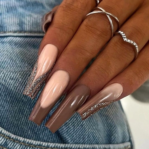 Uñas Postizas Largas Coffin Press On Punta Francesa Brillante Marrón Chocolate Rosa Nude Purpurina Plateada Bailarina Mujer Manicura DIY
