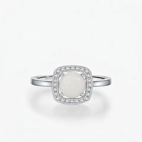 Runder Weißer Opal Ring 925 Sterlingsilber Mit Zirkon Quadratischem Halo Retro Französischer Chic Stil Schmuck