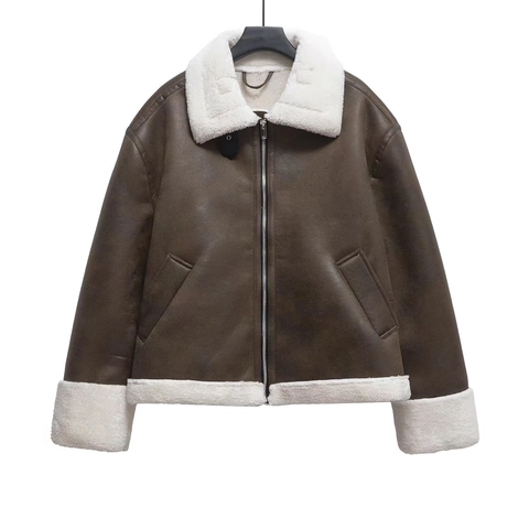 Dames Aviator Biker Jas Kunstleer Suède Met Voering Van Imitatielamswol Warm Winter Revers Rits Bruin