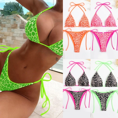 Luipaardprint Halter Bikini Top En Broekje Met Zijstrikken Sexy Rugloos Polyester Badmode Voor Dames Strandvakantie