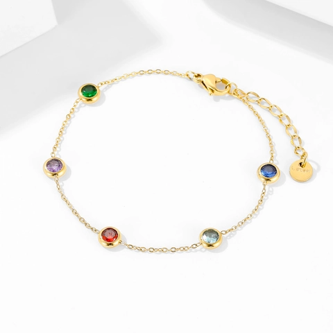 Bracelet Minimaliste En Acier Inoxydable Plaqué Or Zircone Ronde Colorée Chaîne Fine Réglable Style Vintage