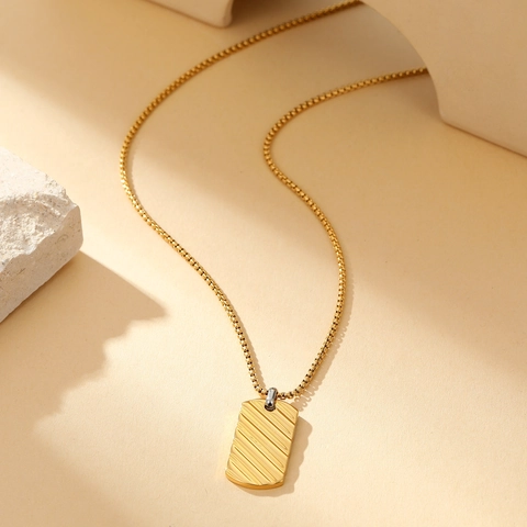 Stainless Steel Striped Texture Rectangle Dog Tag Pendant Necklace For Men Minimalist Military Style Jewelry Gift