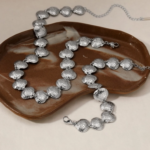 Textured Scallop Shell Stainless Steel Ocean Style Necklace And Bracelet For Women Waterproof Beach Jewelry