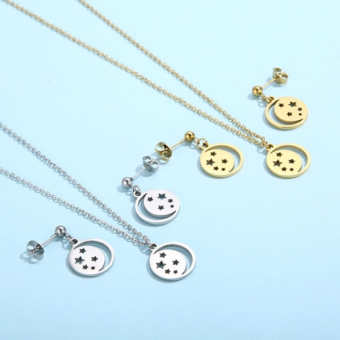 Collar Y Pendientes De Acero Inoxidable Colgante Redondo Luna Estrella Hueca Joyería De Moda Minimalista Para Mujeres
