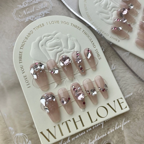 Handmade Coffin Press On Nails Gradient Pink Jelly Heart Rhinestone Artificial Pearl French Luxury Elegant