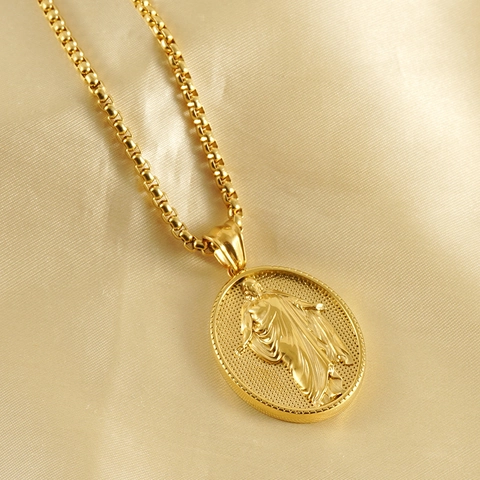 Religiöse Relief Anhänger Halskette 18K Vergoldet Edelstahl Oval 3D Jesus Figur Retro Schmuck Box Kette