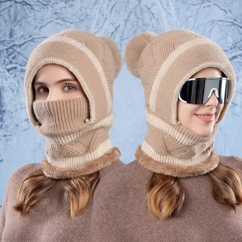 Women Winter Balaclava Hat Knitted Fleece Lined Windproof Neck Warmer Mask Integrated Cap With Faux Fur Pom Pom Striped