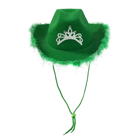 Western Cowboy Party Hat With Rhinestone Tiara Crown And Feather Trim Wide Brim Costume Adjustable Strap Solid Color