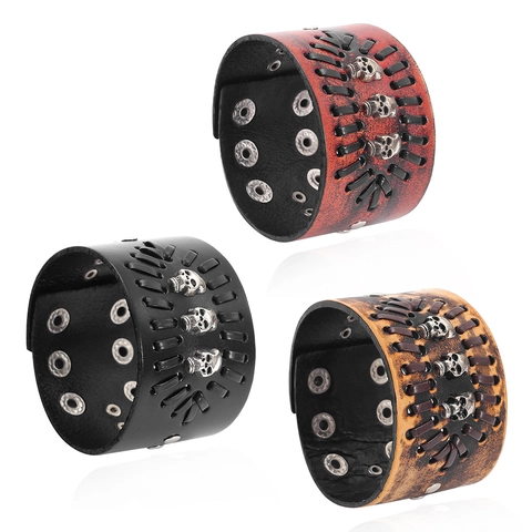 Punk Breites Lederarmband Legierung Totenkopf Nieten Geflochtenes Rindsleder Armreif Gothic Rock Schmuck Für Männer Verstellbar