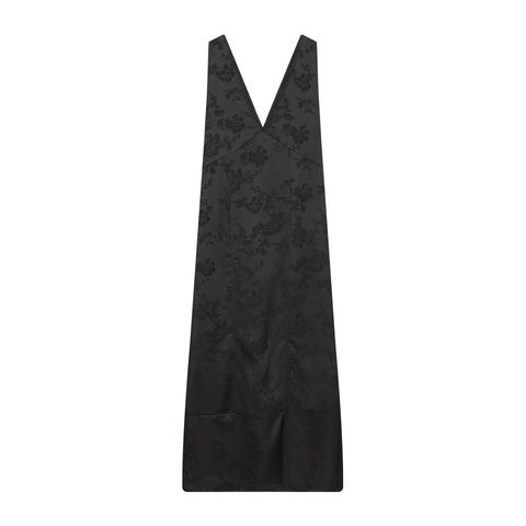 Elegante Mouwloze Maxi Jurk Met Diepe V Hals Zwart Bloemen Jacquard Polyester Avondjurk Voor Dames