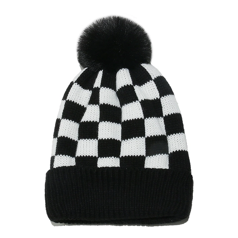 Women Winter Beanie Hat Checkerboard Pattern Acrylic Knit Fleece Lined With Faux Fur Pom Pom Warm Casual