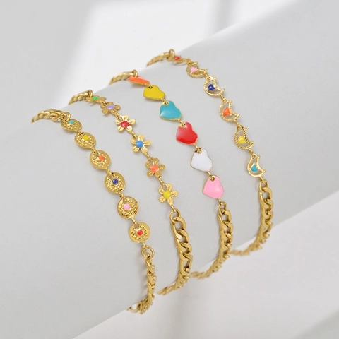 Bracelet À Pendentifs Coeur Lune Fleur Soleil Émail Coloré Acier Inoxydable Plaqué Or Chaîne Figaro Ajustable Femmes