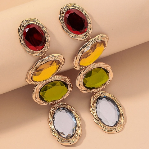 Vintage Long Drop Earrings Colorful Rhinestone Oval Geometric Statement Jewelry Women With Silver Earring Post