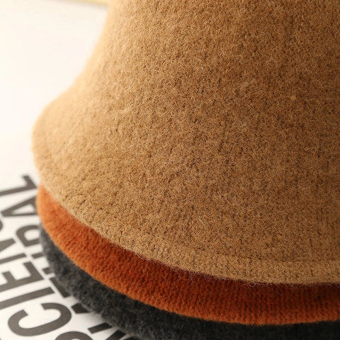 Women Knitted Bucket Hat Solid Color Autumn Winter Warm Windproof Adjustable Cloche Fisherman Hat Plush Retro Elegant Style