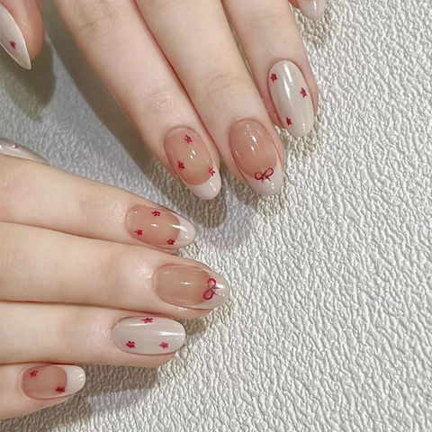 Press On Nails Gray French Style Glossy Butterfly Bow Red Stars Sweet False Nails Detachable Full Cover Women