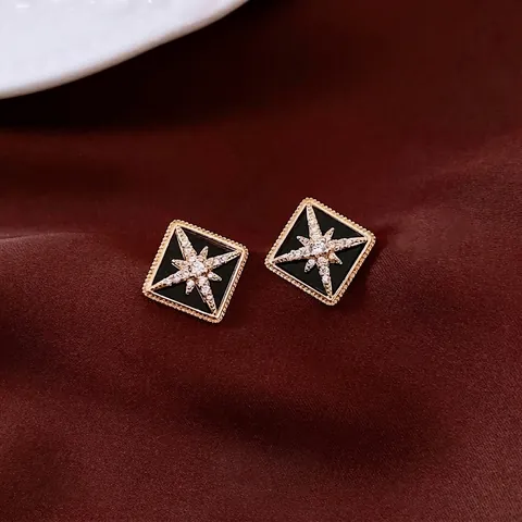 Vintage Rhombus Stud Earrings For Women With 925 Sterling Silver Earring Post Copper 16K Gold Plated Eight Pointed Star