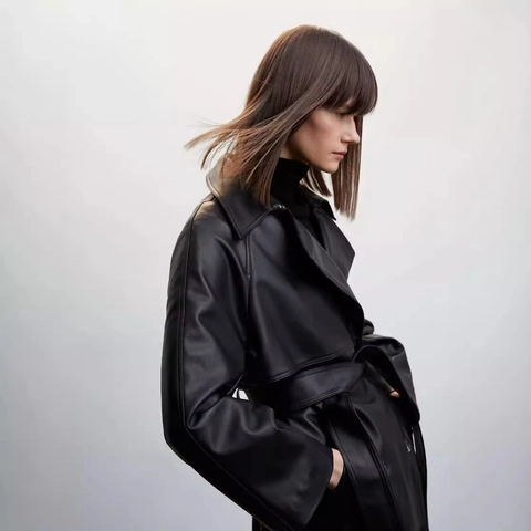 Trench-Coat Long En Similicuir Pour Femme Avec Ceinture Simple Boutonnage Revers PU Vêtements Extérieur Style Britannique Noir