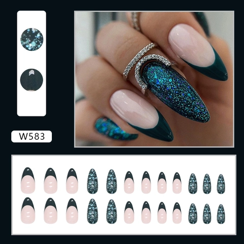 Unghie Finte Verde Scuro Francese Glitter Mandorla Stiletto Lunga Lucido Plastica ABS Accessorio Manicure Per Donne