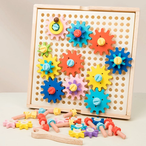 Educational Wooden Gear Puzzle Color Recognition Logic Board Matching Game Toy With Plastic Gears Wrench For Toddlers