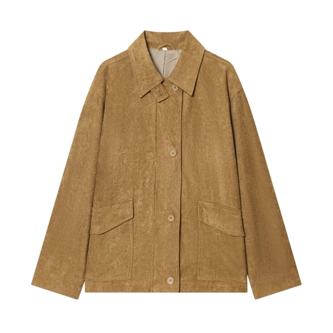 Women Faux Suede Jacket Vintage Turn-down Collar Button Down Long Sleeve Coat Solid Color Minimalist Outerwear With Flap Pockets