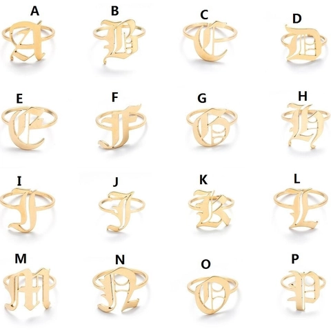 Gothic Buchstaben Ring Edelstahl Initial Großer Buchstabe Altenglische Schrift Retro Punk Stil Schmuck