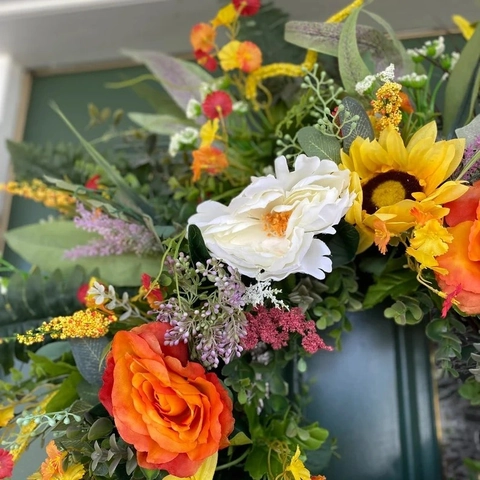 Artificial Sunflower Wreath With Orange Rose Peony Eucalyptus For Front Door Home Wall Decor Summer Farmhouse Style