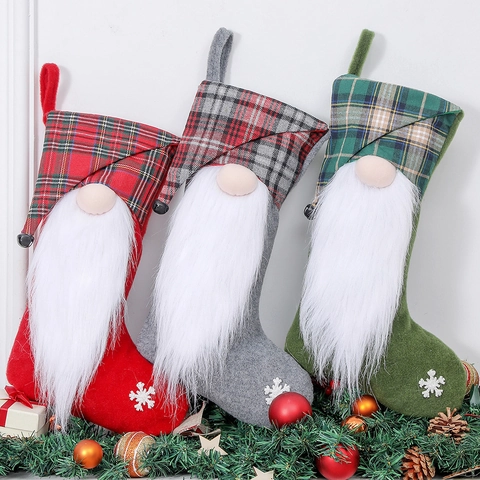 Calza Di Natale Gnomo Bambola Senza Volto Design A Quadri Sacchetto Regalo Appeso Per Decorazione Camino Albero