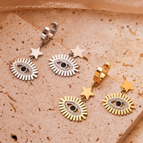 Evil Eye Star Drop Earrings Stainless Steel With Rhinestones Retro Geometric Jewelry Gift For Women