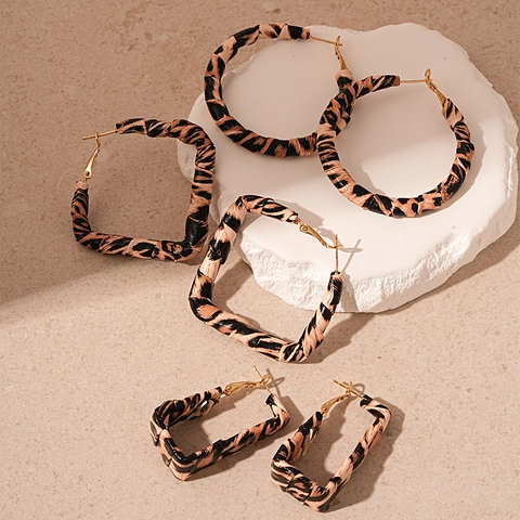 Orecchini A Cerchio Maculati Geometrici Ecopelle Lega Con Perno In Argento Sterling 925 Da Donna Retro Vintage