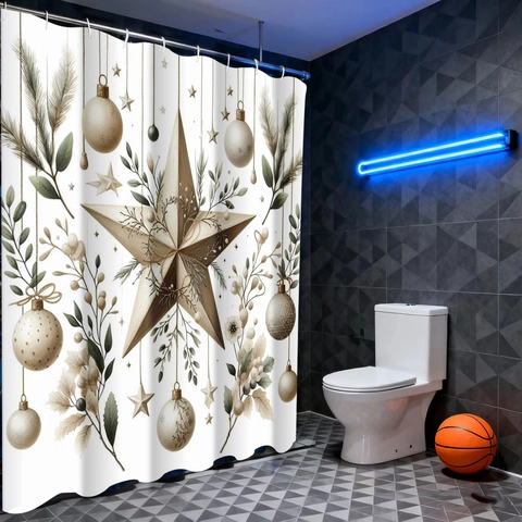 Kerst Douchegordijn Waterdicht Polyester Vintage Ster Patroon Noordse Vakantie Decor Badkamer Accessoires Met Haken
