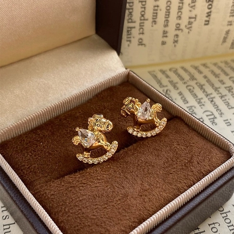 Rocking Horse Stud Earrings Gold Plated Copper With Zircon And Silver Earring Post Cute Novelty Jewelry For Women