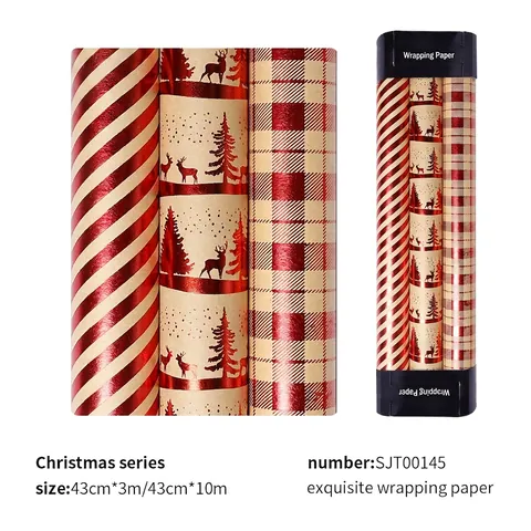 Christmas Gift Wrapping Paper Rolls Kraft Paper Red Bronzing Reindeer Plaid Stripes Holiday Party Present Packing Decor