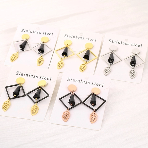 Pendientes Largos Geométricos De Acero Inoxidable Con Colgante De Hoja Hueca Y Cuenta Negra Joyería Minimalista Moderna