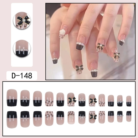 Uñas Postizas Press On Estilo Francés Negro Rosa Lazo Perla Artificial Mariposa Uñas Desmontables Moda Mujer