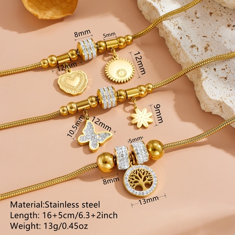 Vergulde Roestvrijstalen Charm Armband Dames Slangenketting Strass Hart Vlinder Levensboom Hangers Sieraden