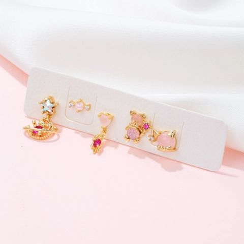 Orecchini Orso Rosa Stella Cuore Gatto In Ottone Placcato Oro 18K Zirconia E Perno In Argento Sterling 925