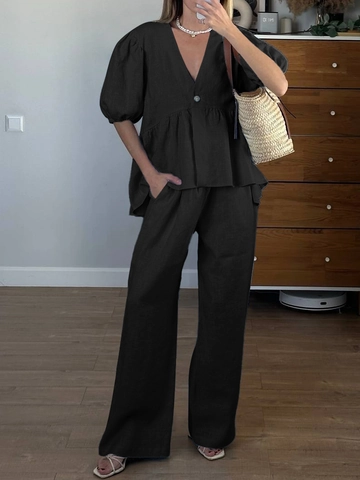 Women V Neck Puff Sleeve Top And Wide Leg Pants Vacation Casual Summer Outfit Polyester Solid Color Soft Breathable