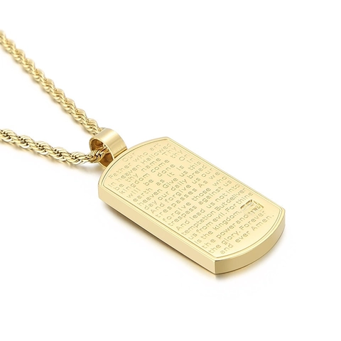 Lords Prayer Etched Pendant Necklace Stainless Steel Rhinestone Rectangle Dog Tag Religious Minimalist Jewelry Unisex