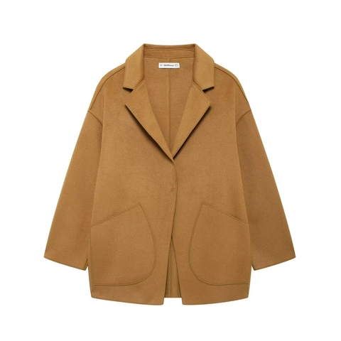 Women Woolen Coat Lapel Drop Shoulder Large Pockets Casual Solid Color Outerwear Jacket