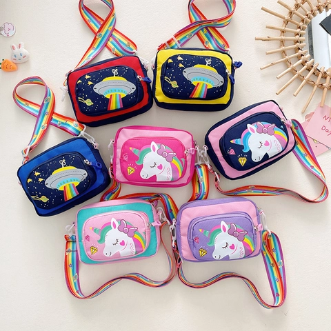 Kids Crossbody Bag Nylon Cartoon Unicorn UFO Space Pattern Adjustable Rainbow Strap Shoulder Purse Boys Girls