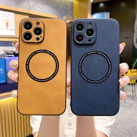 Magnetic Wireless Charging Leather Texture Phone Case Embossed PC Back Cover For iPhone 11 12 13 14 15 16 Pro Max Plus Shockproof Protective Case