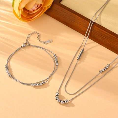Double Layered Snake Chain Necklace And Bracelet With Stainless Steel Round Beads Minimalist Elegant Jewelry For Women