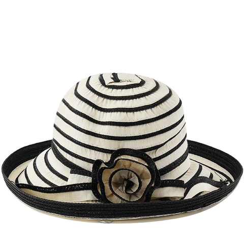Dames Strooien Zonnehoed Brede Rand Gestreepte Opvouwbare Bloem Elegante Zomer Strand Hoed